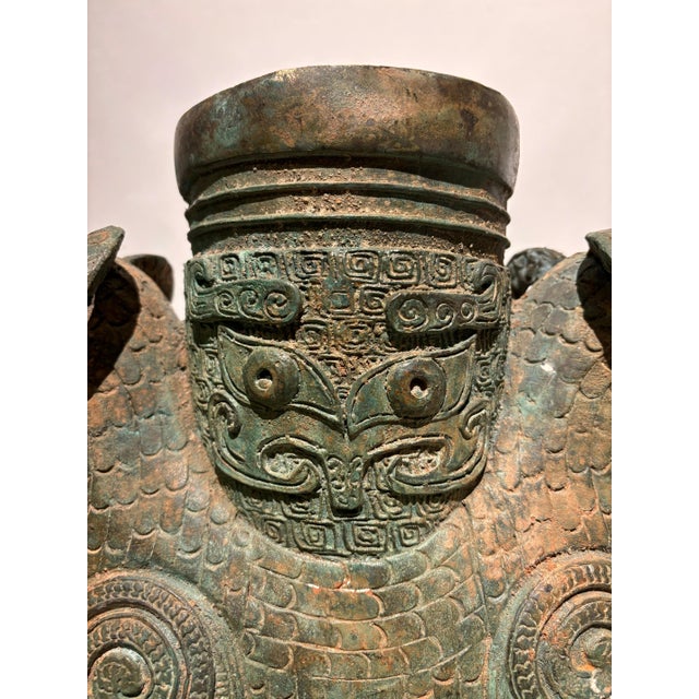 Metal Archaistic Shang Style Verdigris Bronze 'Double-Ram' Vessel, Zun Circa 1900 For Sale - Image 7 of 12