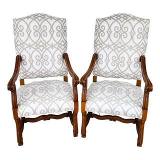 French Louis XIII Os De Mouton Linen Armchairs Pair For Sale