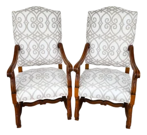 French Louis XIII Os De Mouton Linen Armchairs Pair