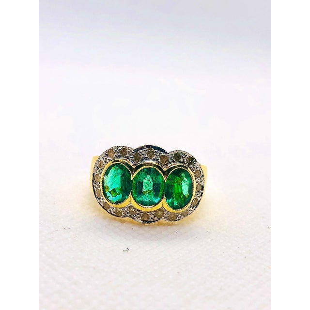 Green Bochic “Capri” Vintage Natural Diamond & Emerald Retro Ring Set In 18K Gold & Silver For Sale - Image 8 of 13