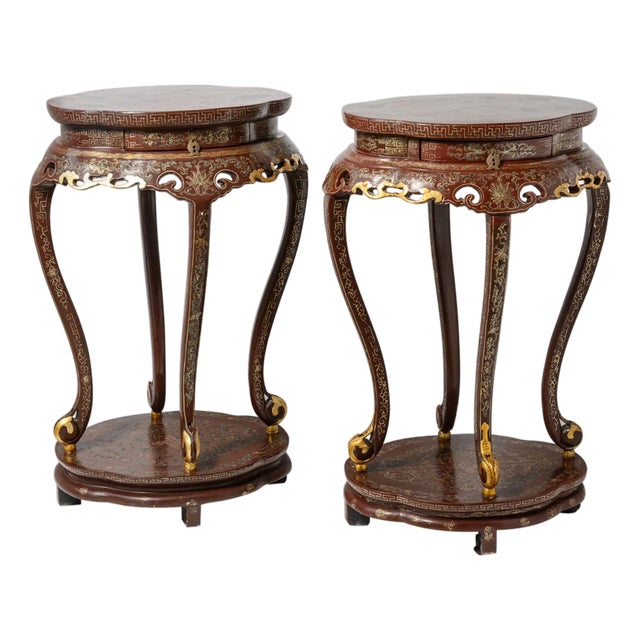 Pair of Chinese Painted & Lacquered Parcel Gilt Chinoiserie Tall Pedestals For Sale