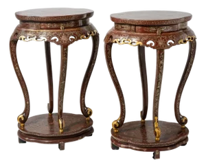 Pair of Chinese Painted & Lacquered Parcel Gilt Chinoiserie Tall Pedestals