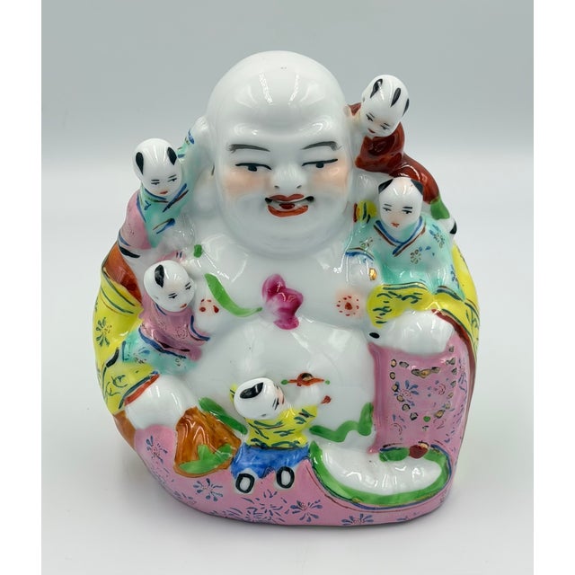 1920s Chinese Buddha Famille Rose Porcelain Hotei Laughing Buddha W/ 5 Children For Sale - Image 4 of 8