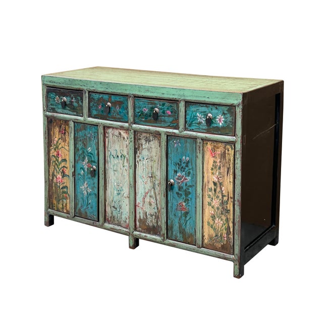Vintage Chinese Turquoise Blue Flowers Credenza Sideboard Table Cabinet For Sale - Image 4 of 5
