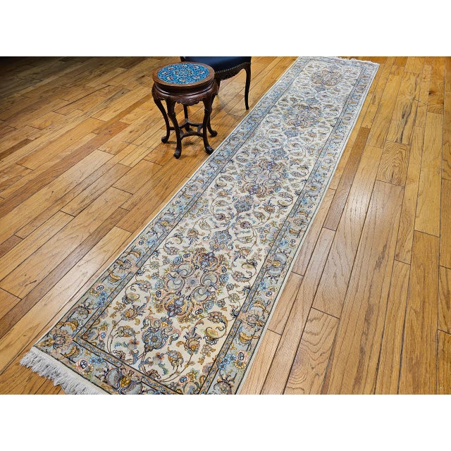 Textile Fine Tabriz Runner, Hand-Knotted Wool & Silk, Floral Medallion Pattern, Ivory & Pale Sage, 3x13 For Sale - Image 7 of 15