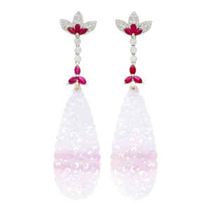 33 Carat Carved Lavender Jadeite Jade Drop Earrings With Rubies & Diamonds - 2 Pieces