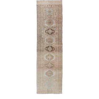 Vintage Persian Karajeh Runner With Geometric Medallion Design in Soft Neutral For Sale