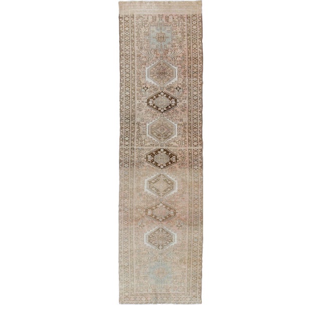 Vintage Persian Karajeh Runner With Geometric Medallion Design in Soft Neutral For Sale