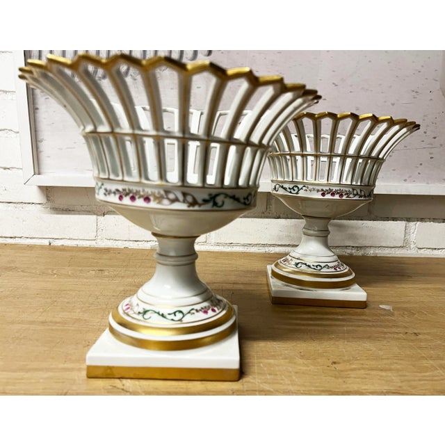 PAIR of vintage white porcelain pedestalled fruit baskets by Vista Alegre of Portugal. It measures 9.5” high with a 9.5”...