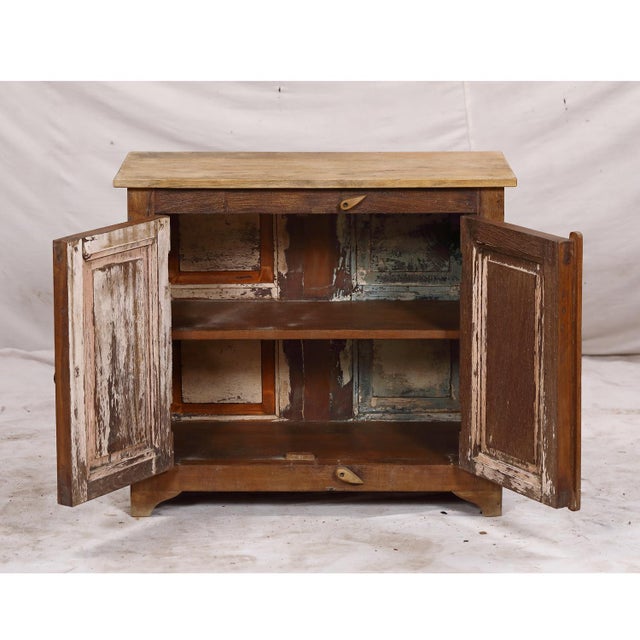 Wood Two-Door Nightstand Made From Antique Indian Teakwood Architectural Elements For Sale - Image 7 of 8