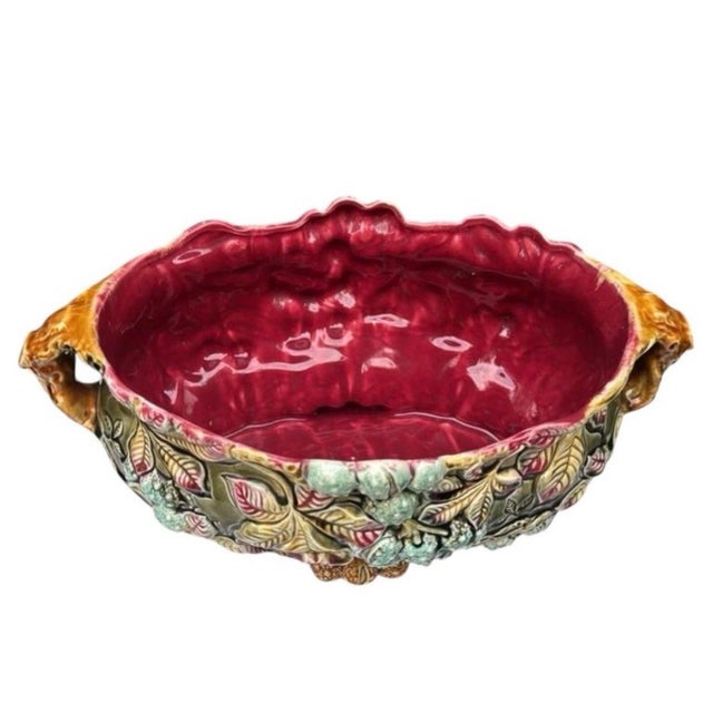 Large 19th Century Majolica chesnut handled jardinière signed Onnaing. 18 inches L This jardinière is inspired by the Art...