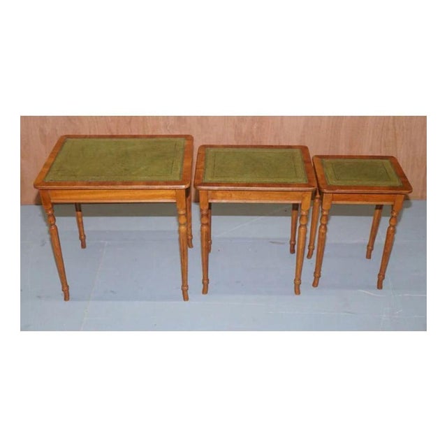 Wood Regency Style Gold Leaf Embossed Yew Wood Nesting Tables with Leather Tops, Set of 3 For Sale - Image 7 of 9