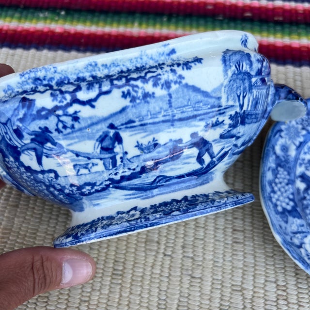 A Antique Pearlware Blue Transfer Decorated Sauce Tureen W/Lid and Tray. Circa 1820's For Sale - Image 10 of 12