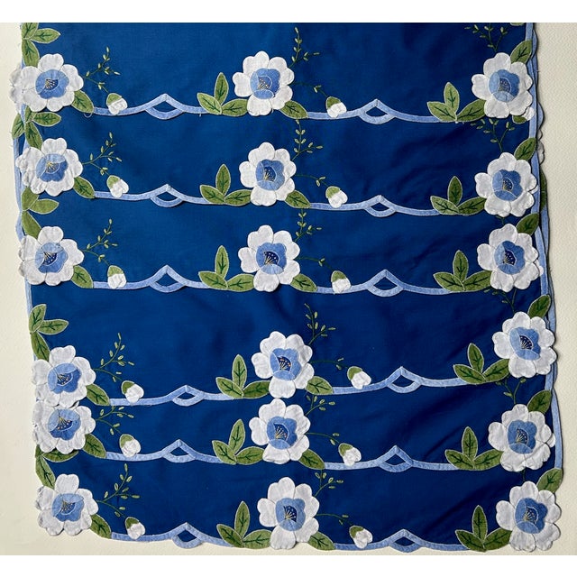 Textile Mid 20th Century Set of 6 Madeira Blue Cotton Placemats & Embroidered White Florals For Sale - Image 7 of 15