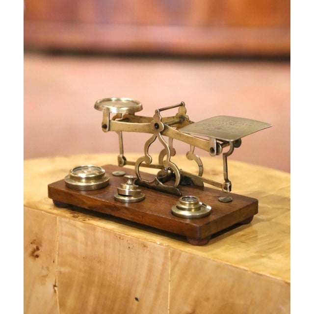 Early 20th Century Early 20th Century English Brass Postal Scale With Weights on Oak Base For Sale - Image 5 of 9