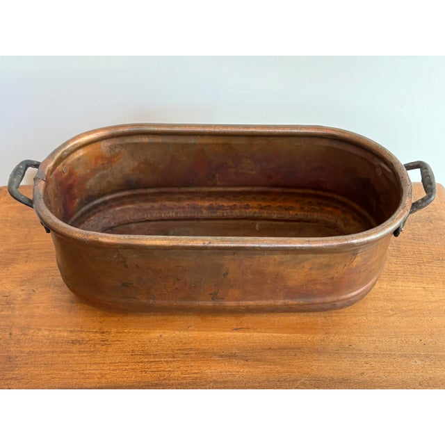 Long Turkish copper cachepot planter with brass handles and beautiful oxidation. Imagine filled with ferns or a flower...