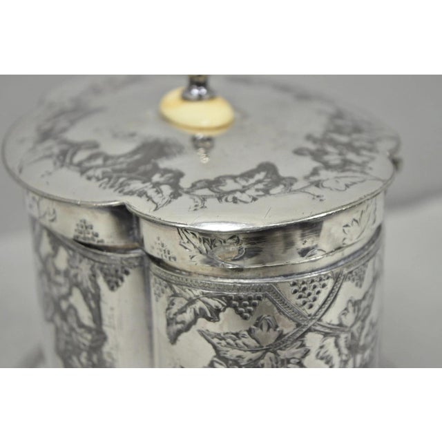 Antique Victorian Silver Plated Etched Footed Hinged Biscuit Barrel Jar on Stand For Sale - Image 15 of 18