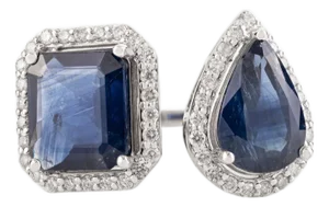 5.32 Carat Deep Blue Sapphire Toi Et Moi Ring With Halo Diamonds in 18k White Gold Size 7