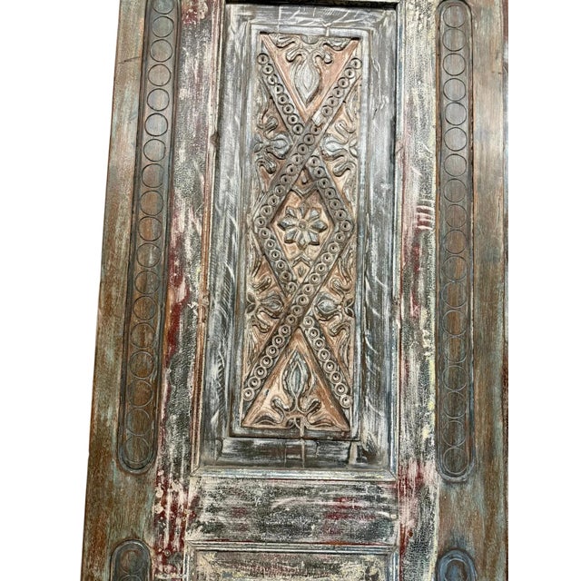 1920s Vintage Floral Carved Wood Barn Door – Distressed Teal Reclaimed Single Door 96x30 For Sale - Image 5 of 7