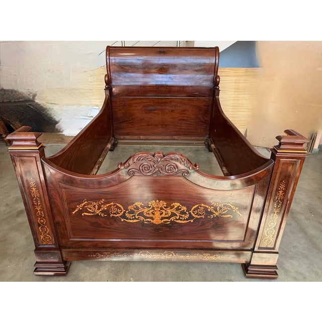 Late 19th Century 19th Century Italian Carved Inlaid Mahogany Burl Full Bed For Sale - Image 5 of 18