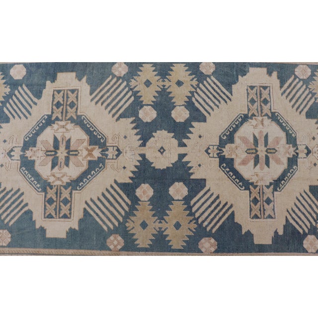 Mid 20th Century Blue Oushak Rug With Geometric Medallion Design 5' 5" X 8' 10" For Sale - Image 5 of 14