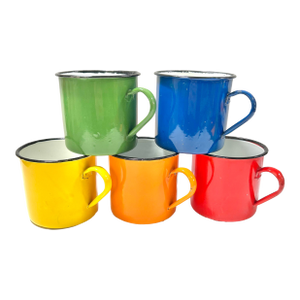 1950s Enamelware Camp Mugs – Rainbow Set of 5, Vintage Kitchen Cups, Mid Century Colorware