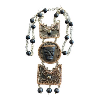 Palm Royal Style Aztec Carved Black Onyx, Brass, and Copper Necklace For Sale