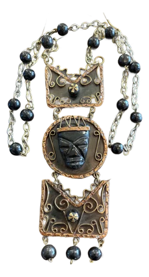 Palm Royal Style Aztec Carved Black Onyx, Brass, and Copper Necklace