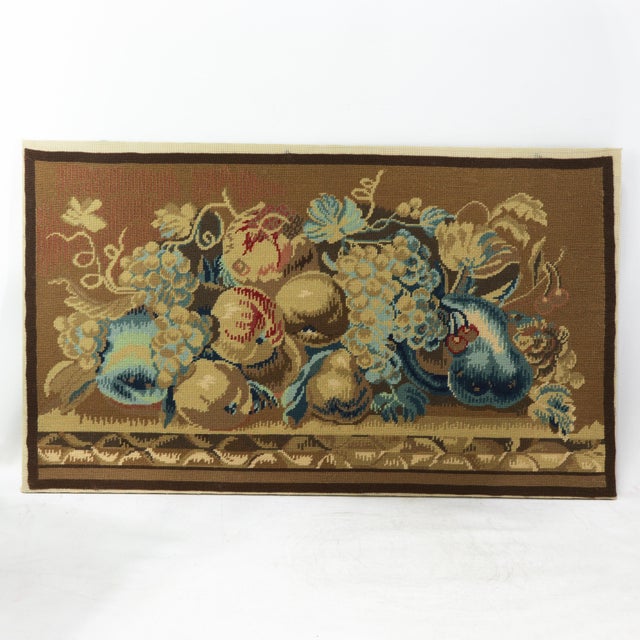 Rustic Vintage Hand Stitched Needlepoint Tapestry Still Life of Fruit – Rustic Wall Art in Earth Tones For Sale - Image 3 of 9