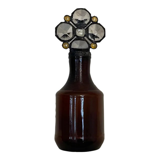 Vintage Arts & Crafts Decorative Amber Art Glass & Cut Crystal Bottle Styled After Karla Walz For Sale