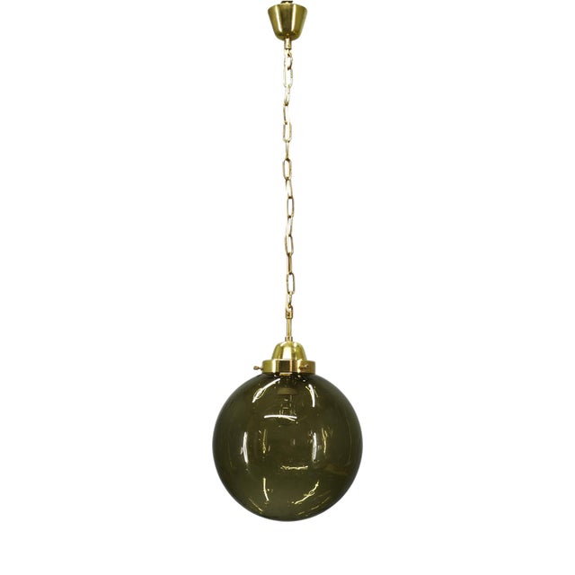 Czech Smoked Glass Globe and Brass Pendant Light, 1970s For Sale