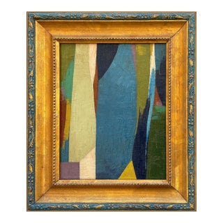 Contemporary Blue Abstract Oil Painting in Vintage Gold Frame For Sale