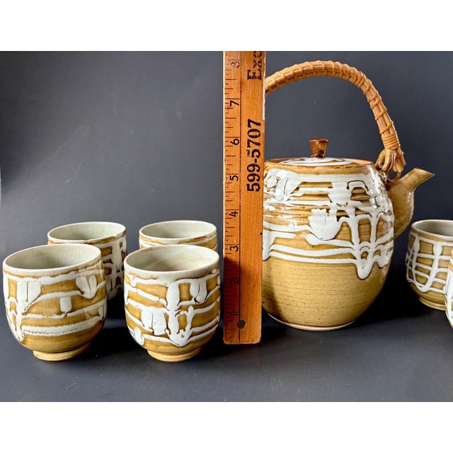 Vintage Japanese Stoneware Tea Set – Mid-Century Wicker Handle Teapot & Cups For Sale - Image 10 of 10