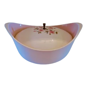 1950s Taylor Smith Mid-Century Modern Pink Casserole Dish With Lid Boomerang Shape Atomic