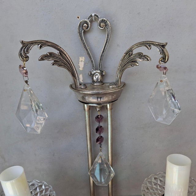 Glass 1940's Hollywood Regency Silvered Metal With Amethyst & Pink Cut Austrian Crystal Waterfall Wall Sconces a - Pair For Sale - Image 7 of 18
