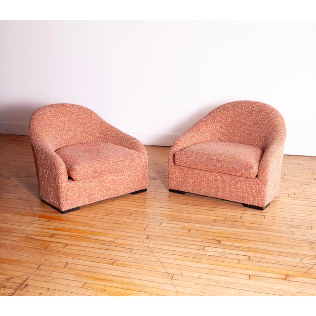 Sensational pair of custom club chairs with textured pink chenille with other color threads woven into the fabric. Sourced...