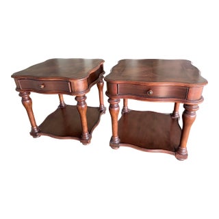 Late 20th Century Pair of Ornate Two-Tier Square Side Tables – Scalloped Parquet Top For Sale