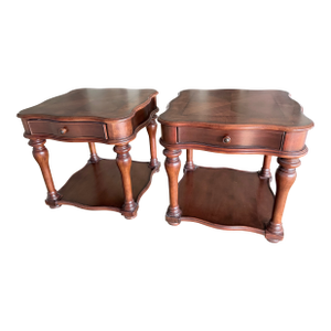 Late 20th Century Pair of Ornate Two-Tier Square Side Tables – Scalloped Parquet Top