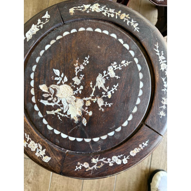 Pair Vintage Hardwood Drum Stools Mother of Pearl Inlay Chinese Chinoiserie For Sale - Image 4 of 8
