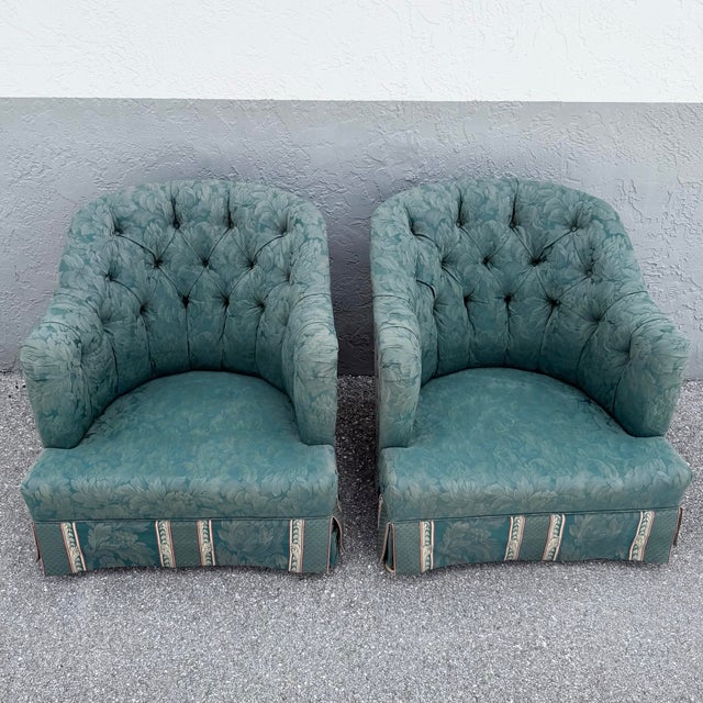 Vintage Mid Century Skirted Green Tufted Lounge Chairs - A Pair For Sale - Image 4 of 7