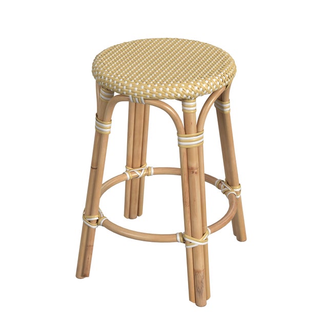 Wood Tobias 24 in. Seat Height Round Rattan Backless Counter Stool, Yellow/White Dot/ Natural Rattan Frame For Sale - Image 7 of 7