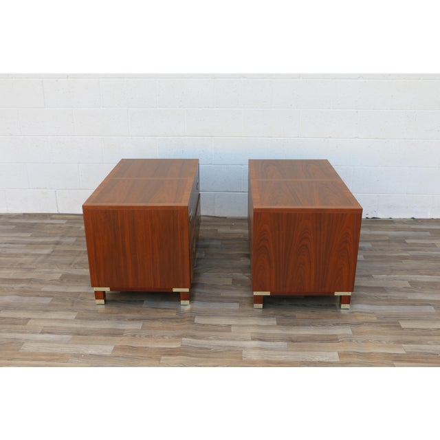 Brown Pair of Mid-Century Modern Campaign Walnut Nightstands by Baker Milling Road | Brass Hardware, Circa 1960s For Sale - Image 8 of 18