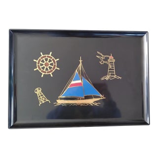 Couroc of Monterey - Mid-Century Nautical Tray - Sailboat, Wheel, Buoy, Lighthouse For Sale