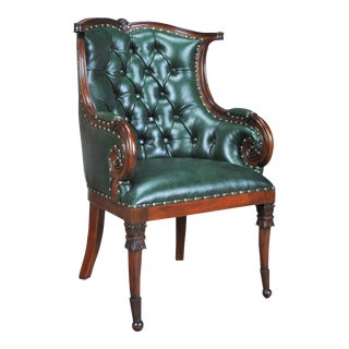 Traditional Style Green Leather Arm Chair For Sale