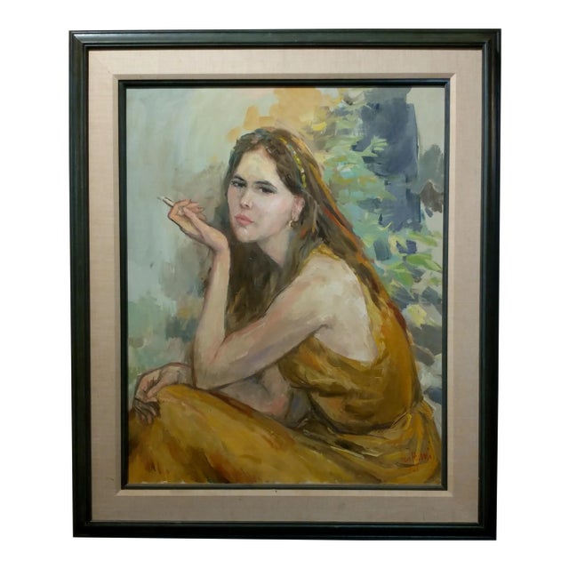 Woman Holding a Cigarette Original 1967 Oil Painting by Sam Harris For Sale