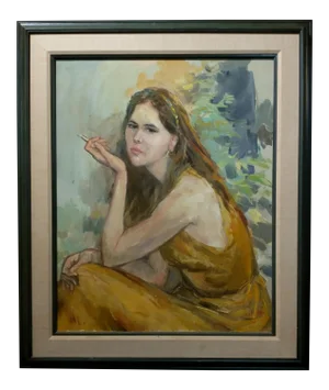 Woman Holding a Cigarette Original 1967 Oil Painting by Sam Harris