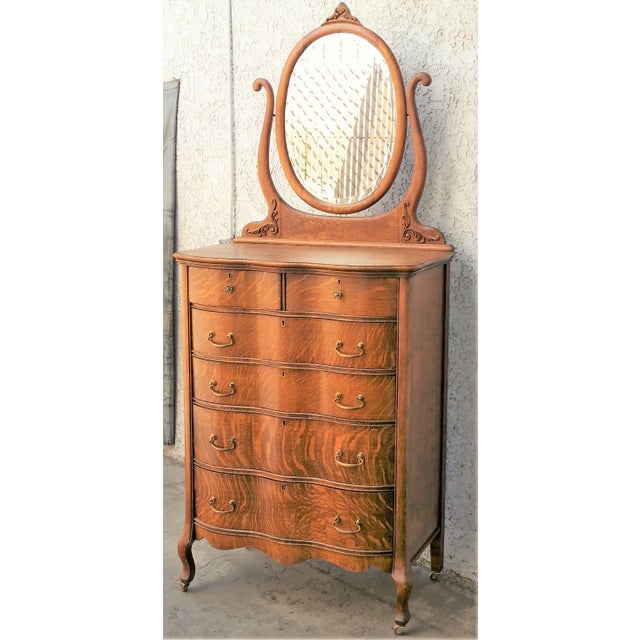 1900s Antique American Tiger Oak Tall Serpentine Highboy With Mirror