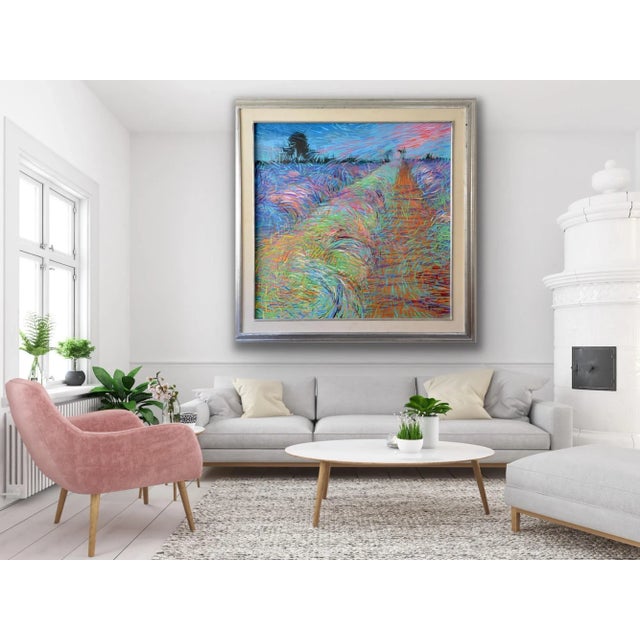 Paint "Lavender Fields" Framed Acrylic Painting by Egyptian Artist M.Khedr For Sale - Image 7 of 8