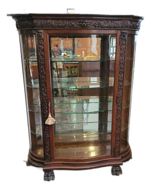 Antique Victorian Large China Cabinet George C. Flint Horner Company Carved Oak With Curved Glass and Mirror Back