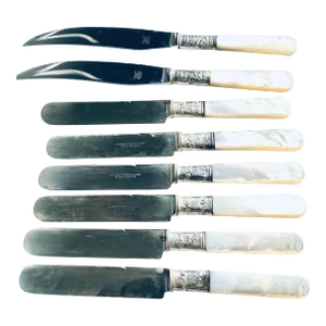1930s Fruit & Butter Mother-Of-Pearl Handled Knives with Sterling Silver Accents- Set of 8